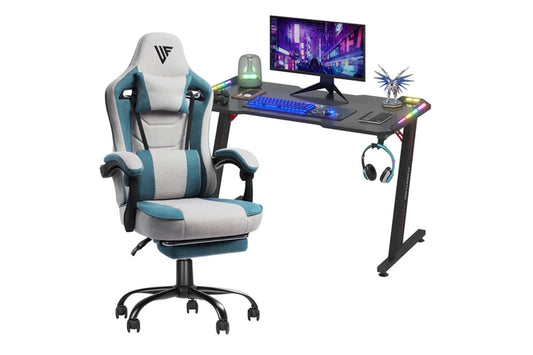 RGB Gaming Desk and Fabric Gaming Chair Set Blue & Grey