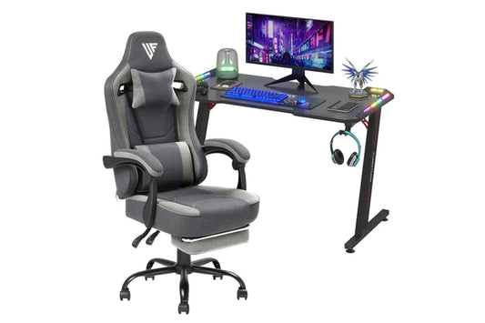 RGB Gaming Desk and Fabric Gaming Chair Set Purple & Grey